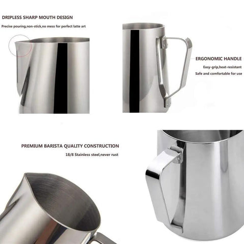 12 Oz Milk Frothing Pitcher Cup For Home Baristas, stainless steel with ergonomic handle and dripless design, mirror finish image