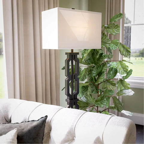 Tall Black Floor Lamp With White Rectangular Shade, 59.5 Inch Height in living room setting