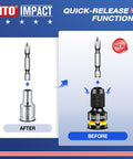 Two Piece Quick Release Three Eighths Inch To One Quarter Inch Hex Socket Adapter showing before and after quick-release function