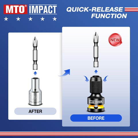 Two Piece Quick Release Three Eighths Inch To One Quarter Inch Hex Socket Adapter showing before and after quick-release function