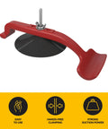 Close-up of a red Hands Free Suck N Clamp Adjustable Cup Clamp showing suction cup and handle.