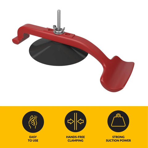 Close-up of a red Hands Free Suck N Clamp Adjustable Cup Clamp showing suction cup and handle.