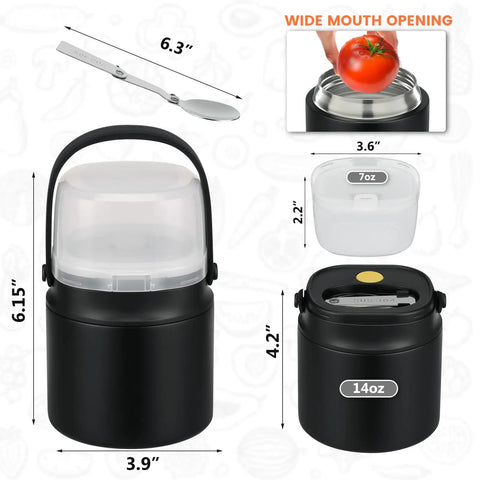 Keep It Sizzling Hot Soup Thermos With Secure Split Snack Cup Grab And Go Leak Free Insulated Lunch Jar For Kids And Adults Stainless Steel Double Wall Vacuum Food Container With Spoon Black, includes 14oz jar and 6oz snack cup.