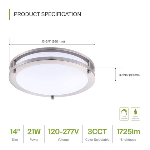 Lit 14 Inch Round Flush Mount Ceiling Light Fixture With 3CCT Dimmable LEDs, Energy Star Rated, ETL Listed, side view specs