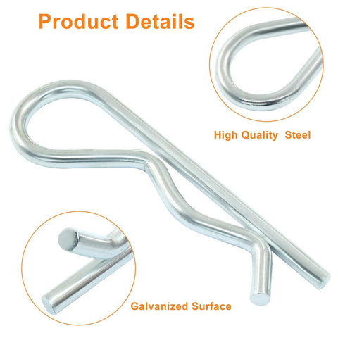 20 Pcs Zinc Plated R Clips M2 5x50 Retaining Cotter Pins for trailers and hitch pins, silver, showing galvanized surface and steel quality