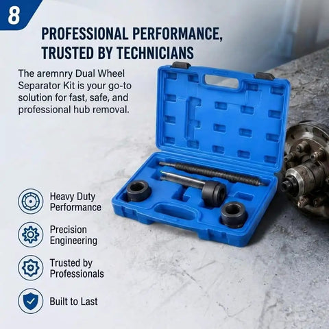 Heavy Duty Dual Wheel Separator Tool For Stuck Hub Removal Kit in blue case with components for trucks and buses.