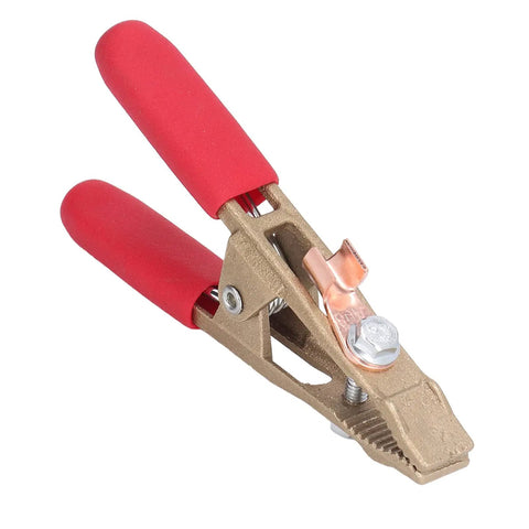 Heavy Duty A Shape Earth Wire Clamp For Electric Argon Arc Welding Plie With 260A Amp Brass Grounding Work Tool showcasing red safety cover.
