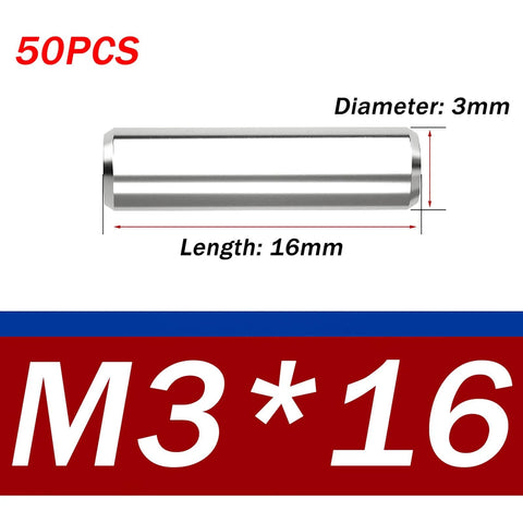 Pro Grade 304 Stainless Steel Dowel Pin 50 Piece Set For Precision Alignment In Molds, Machines, Fixtures And DIY Woodworking Projects 3x16 Inch Pins For Tight Fit And Long Lasting Strength, showing dimensions and quantity in close-up view