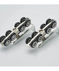 One Set Cold Rolled Steel Sliding Wardrobe Door Hardware Kit With Wheel Rollers and Eight Clothes Hangers, close-up on rollers