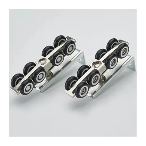 One Set Cold Rolled Steel Sliding Wardrobe Door Hardware Kit With Wheel Rollers and Eight Clothes Hangers, close-up on rollers