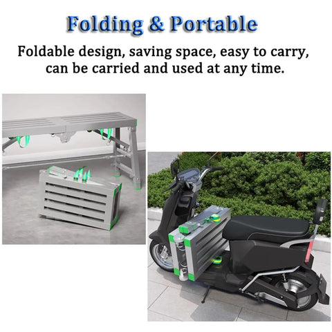 Top Shelf Folding Work Platform And Scaffold Tower With Adjustable Height for Home Fixer Uppers, shown folded and portable.