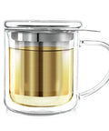 Straight Up Quality Double Walled Glass Tea Cup With Stainless Steel Loose Leaf Infuser Basket And Heatproof Borosilicate Design Solid Eight Ounce Brewing Mug For Every Sip filled with brewed tea and infuser.