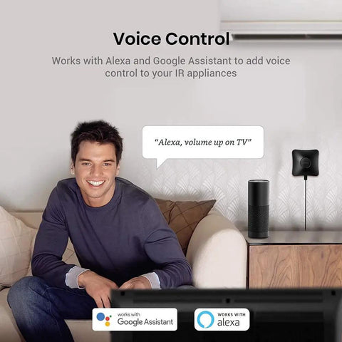 Man using IR and RF Universal Remote Hub With WiFi Code Learning for voice control with Alexa and Google Home on a sofa.