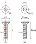 Diagram of Titanium M6x40mm Countersunk Hex Socket Cap Screws Set with dimensions, 12mm head diameter, DIN7991.