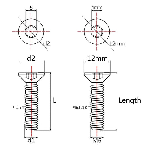 Diagram of Titanium M6x40mm Countersunk Hex Socket Cap Screws Set with dimensions, 12mm head diameter, DIN7991.