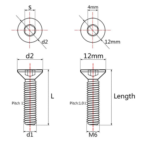 Badass Gr5 Titanium Countersunk Head Bolts M6 X 30 Millimeter Gold Anodized Finish Hex Socket Screws technical drawing