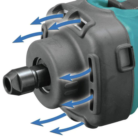 Heavy Duty 18V Cordless Die Grinder Delivering Gutsy 26000 RPM via quarter inch chuck with ventilation design for optimal use.