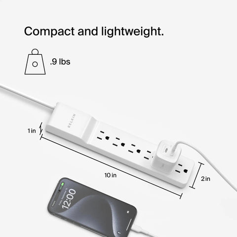 Six Outlet Surge Protector Power Strip With 10 Foot Cord UL Listed 720 Joules Overload And Overvoltage Protection shown with phone