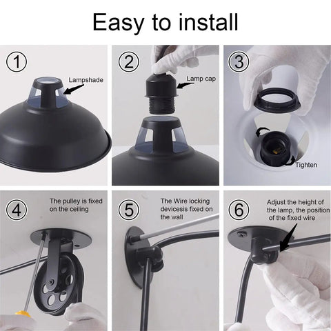Step-by-step assembly guide for Plug In Industrial Pulley Pendant Light With E26 Socket And 16 Foot 4 Inch Cord On Off Switch