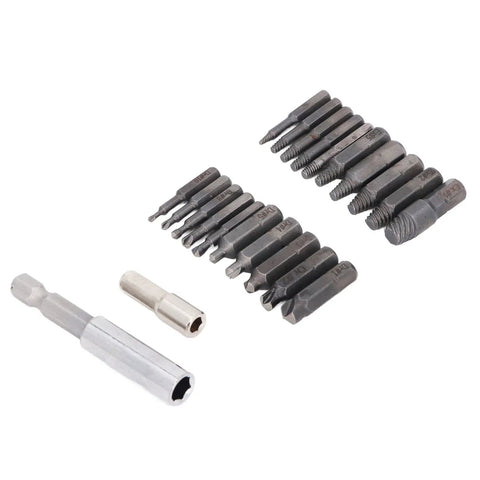 Huge 22 Piece Broken Bolt Remover Set With High Speed Steel Spiral Extractors For Stripped Screws And Damaged Hex Bolts Plus Extra Long Drill Bit Holders To Make Your Repair Job Super Easy Fast And Total No Sweat, 22-piece HSS extractors and holders