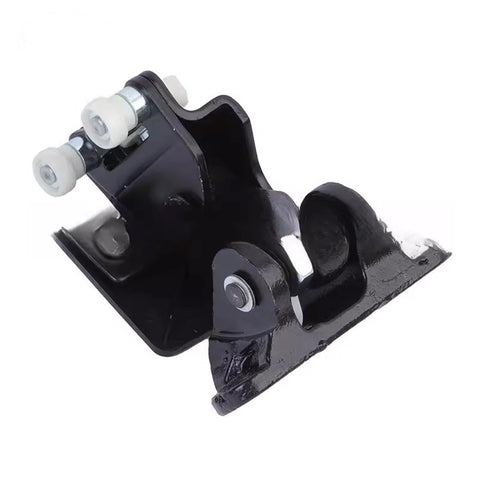 Black metal truck door hinge roller assembly with dual white rollers.