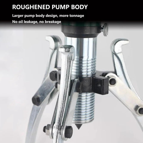Close-up of Beefy 10 Ton Hydraulic Gear Puller Kit with 2 Jaw and 3 Jaw Bearing Pullers, showing the roughened pump body.