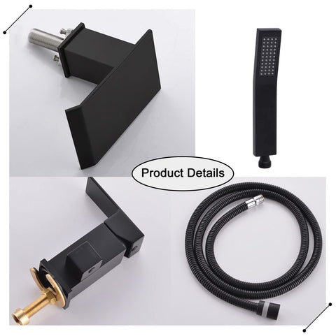 Roman Tub Faucet Deck Mount Waterfall Tub Faucet Matte Black With Hand Shower Sprayer Three Hole Set product details