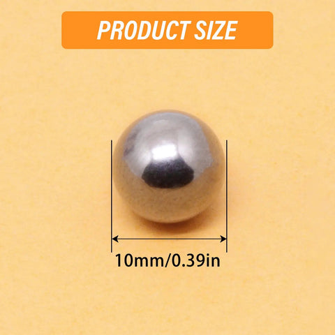 Precision 10mm carbon steel ball bearing on a yellow background showing size of 10mm and 0.39in for smooth operation.