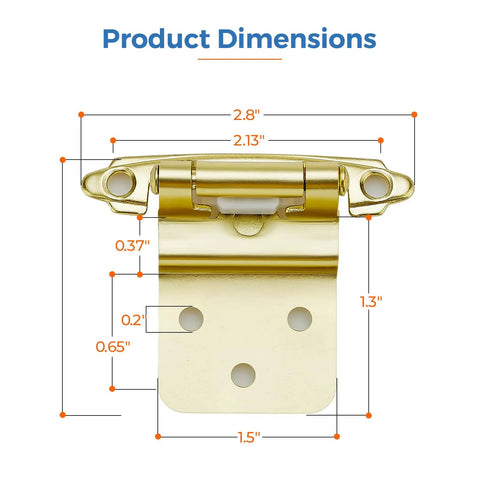 Game Changer Self Closing Soft Close Cabinet Hinges, 3/8 Inch Inset Brushed Gold Finish, 60 Pack dimensions chart