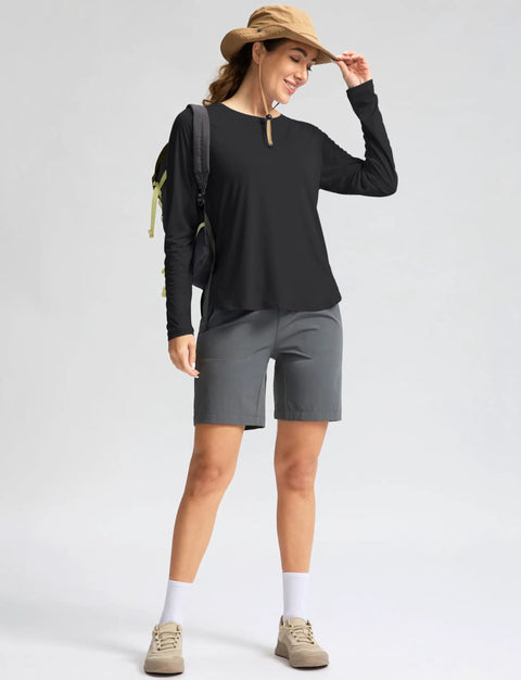 Woman wearing Women's UV Protection Sun Shirt With UPF 50+ Long Sleeve Lightweight Quick Dry Moisture Wicking Breathable Trail Ready Top For Hiking, Running, Travel, And Outdoor Workouts Black, Size M