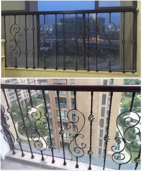 Top Shelf Bronze Wrought Iron Balusters 25 Pack 95Cm Height Anti Rust Railing Spindles for deck and stair posts shown from balcony.