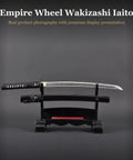 Wakizashi Iaito Training Sword With Unsharpened Aluminum Alloy Blade 21 Inch Fullered Groove on display stand