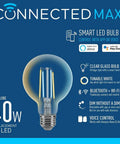 Smart LED Vintage Glass Filament G25 Bulb 40W Equivalent Tunable White 2200K To 6500K Bluetooth WiFi 2.4GHz No Hub Needed Works With Alexa And Google Home 6 Pack, showing clear glass design and app control options