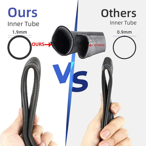 Comparison of 20X4.0 Bike Inner Tubes With Schrader Valve Butyl Rubber Replacement Tubes, showing thickness difference