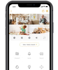 Smartphone screen showing Two Pack 1080P Indoor Security Cams with night vision, 2 way audio, human and sound detection interface.