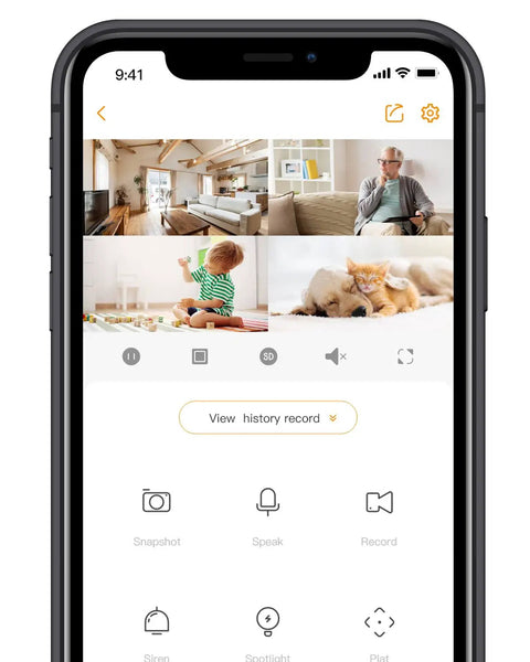 Smartphone screen showing Two Pack 1080P Indoor Security Cams with night vision, 2 way audio, human and sound detection interface.