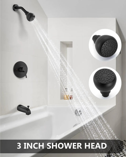 GBBNE matte black tub and shower faucet set with single-handle valve and 3-inch shower head.