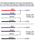 Wiring diagram for Waterproof Heavy Duty Magnetic Door Lock For Outdoor Gates with 12VDC and 24VDC power options.