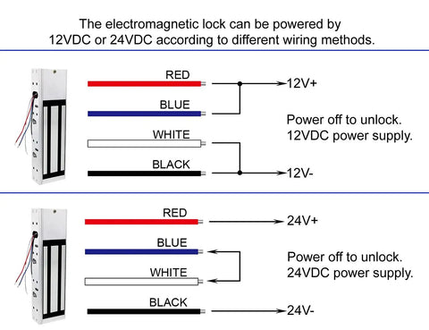 Wiring diagram for Waterproof Heavy Duty Magnetic Door Lock For Outdoor Gates with 12VDC and 24VDC power options.