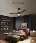 Sleek 52 Inch Black Ceiling Fan With Lights 3 Mahogany Wood Blades Remote Control Ultra Quiet Reversible DC Motor in Bedroom