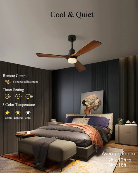 Sleek 52 Inch Black Ceiling Fan With Lights 3 Mahogany Wood Blades Remote Control Ultra Quiet Reversible DC Motor in Bedroom