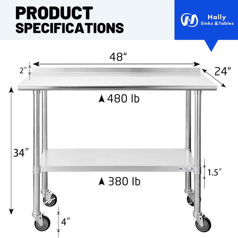 Stainless Steel Prep And Work Table 24 By 48 Inches With Caster Wheels NSF Certified Pro Grade Beefy Heavy Duty Undershelf And Backsplash For Restaurant Home And Hotel