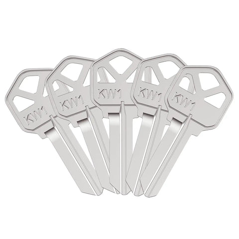 Premium Copper Key Blanks Pack Of 50 For Locksmiths And DIY Projects, KW1 keys fanned out, durable and sturdy blank keys.