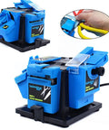 Game Changer Heavy Duty Multitask Electric Knife Sharpener And Scissor Drill Bit Chisel Grinder 96 Watt Compact Portable Sharpening Machine displayed in a blue design.