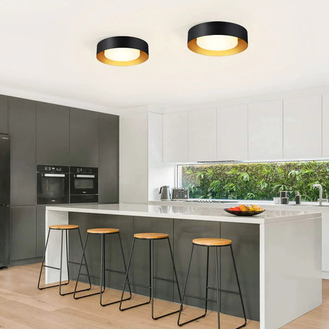 Black And Gold Flush Mount Ceiling Light With Glass Drum Shade Sixteen Point Five Inch Sleek Modern Round Fixture in kitchen