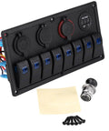 Eight Gang Rocker Switch Panel With Dual USB Outlets And Digital Voltmeter LED 12V 24V Marine Power Hub with screws and components