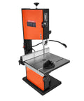 Two Speed Benchtop Band Saw For Woodworking With 10 Inch Cutting Capacity, 6 Inch Max Height, 13.2 By 13.4 Inch Cast Iron Table, 360 Degree Work Light, Miter Gauge, Fence, And 1/2 HP Motor, Beast in side view featuring orange casing and cast iron table.