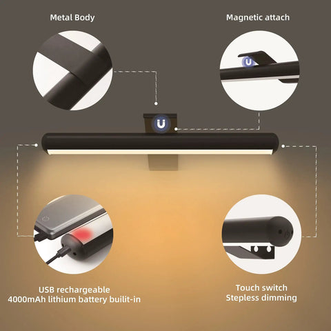 Wireless Picture Light Rechargeable With 4000mAh Battery, Remote Control LED Accent Light, metal build, touch switch