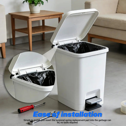 Six Pack Hydraulic Soft Close Dampers For Trash Cans 3.34 Inch showing a white foot pedal trash can with open lid and black liner.