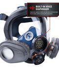 Full Face Organic Vapor And Particulate Respirator With Dual P-A-3 Carbon Activated Cartridges shown with built-in voice diaphragm